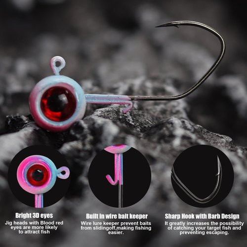 CWSDXM Painted Crappie Jig Heads 3D Eyes Fishing Hooks with Wire Keeper Lures for Crappie Panfish Bass Fishing Jig Hooks Assortment 1/16 oz 1/8 oz 3/16oz 3/8 oz 1/4 oz (1/8 oz 3.5g-30pcs)