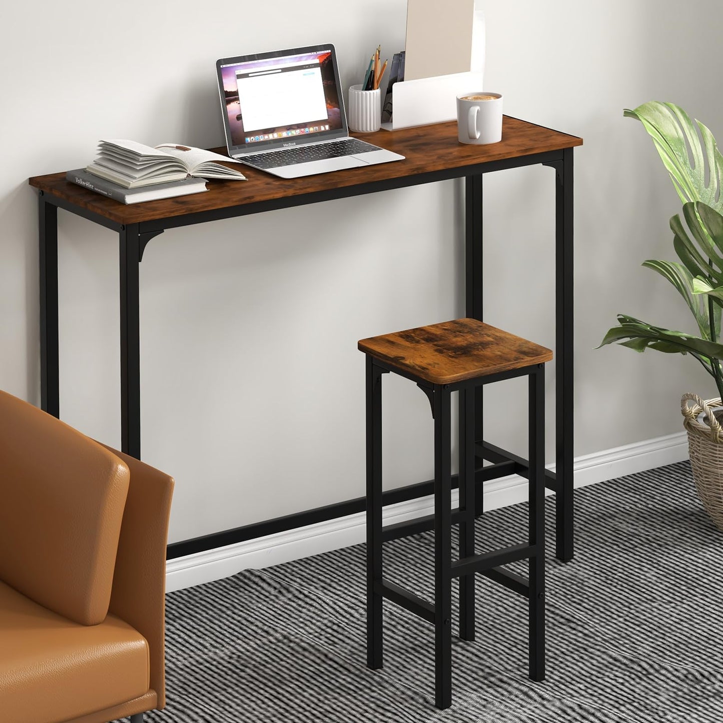 IFANNY Bar Stools Set of 2, 28" Bar Height Stools with Humanized Footrests & Metal Frame, Wood Counter Stool with Adjustable Foot Pads, Industrial Barstools for Kitchen Island, Dining Room (1)
