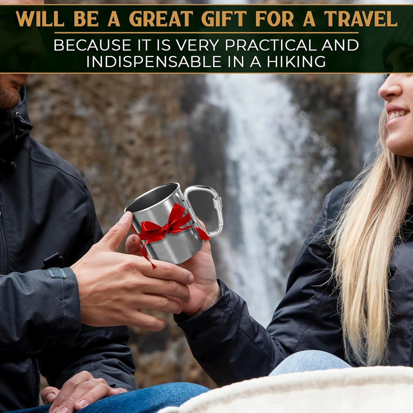 13.5 Oz Stainless Steel Camping Mug with Carabiner - Metal Camping Cup for Traveling, Lightweight and Heat-Resistant, Durable and Easy to Clean Hiking Cup, Comfortable to Hold and Drink