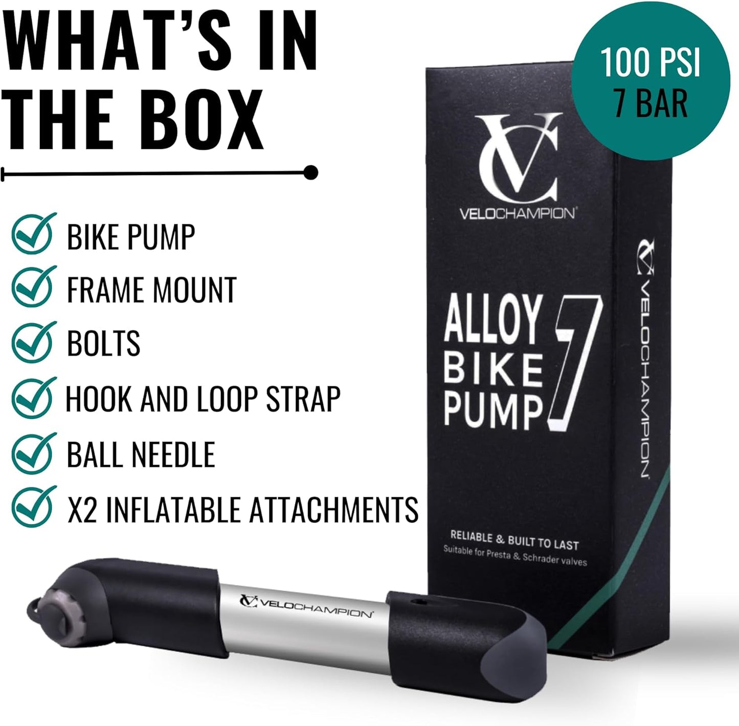 VeloChampion Alloy Mini Bike Pump Suitable for Presta, Schrader and Dunlop - Portable, Compact, Durable and Easy to Use