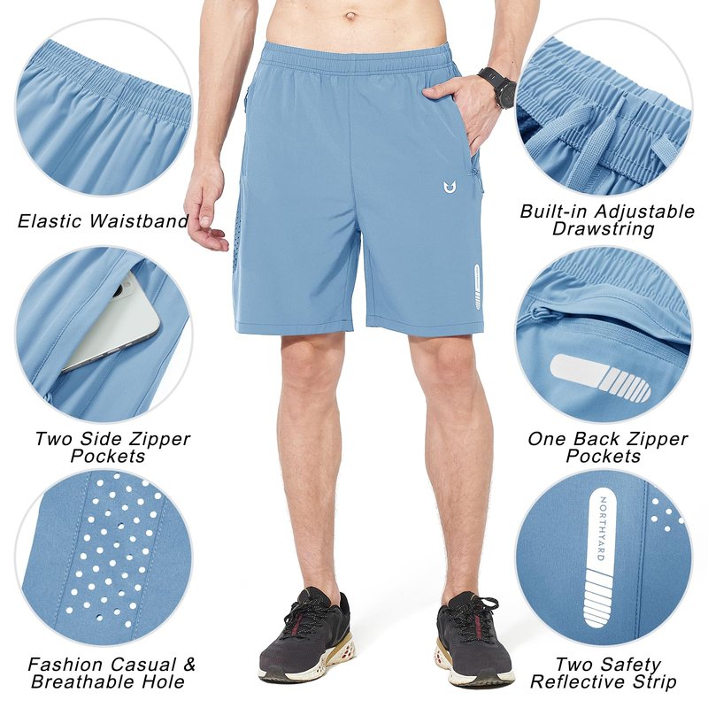 NORTHYARD Men's Athletic Running Shorts Gym Workout 7"/9"/5" Quick Dry Lightweight Sports Basketball Tennis 3 Zipper Pockets SkyBlue 3XL