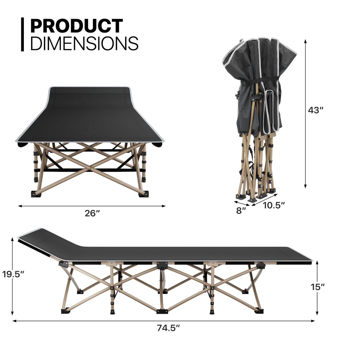 MoNiBloom Folding Sleeping Cot for Adults, Easy to Set Up Portable & Lightweight Camping Cot for Outdoor Camping, Lounging and Elevated Napping, Support 360 lbs, Black