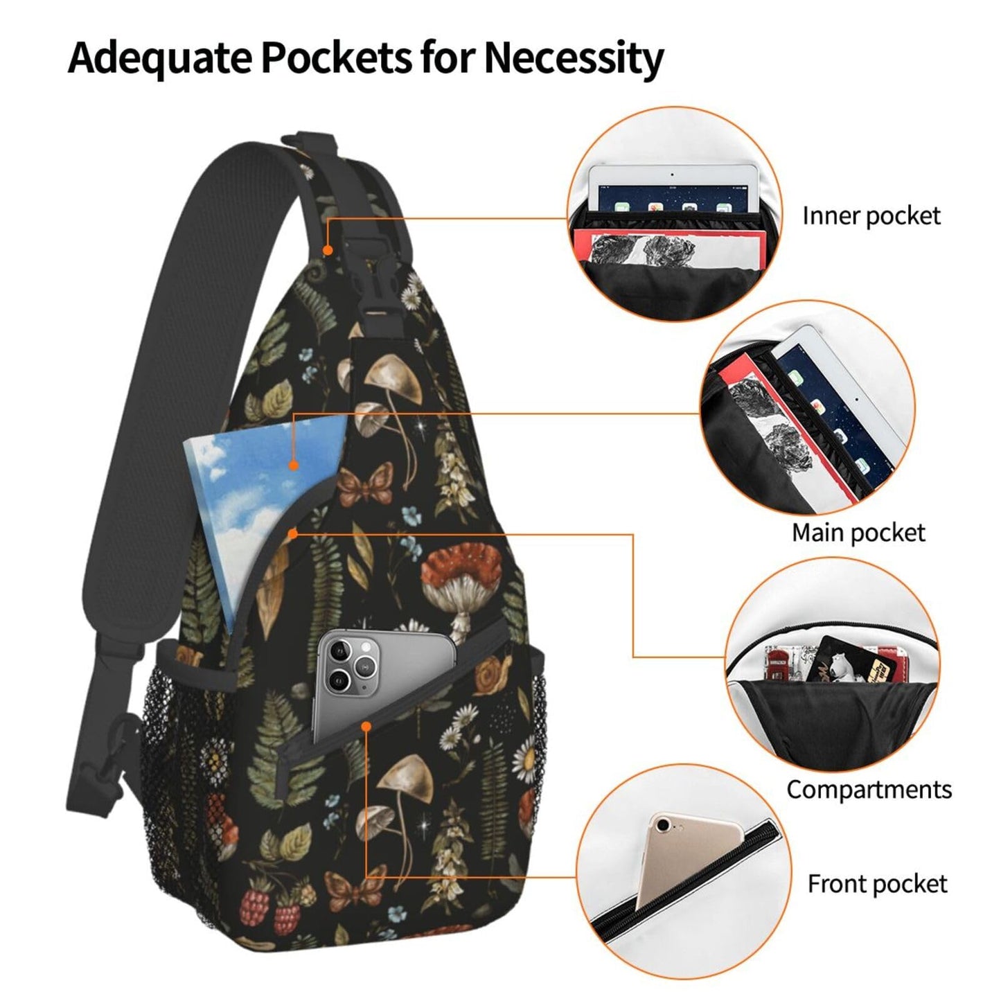 VOOHDDY Vintage Mushroom Witchcraft Magic Plant Sling Bag For Women Men Travel Hiking Backpack Crossbody Shoulder Chest Bags Casual Daypack Sport