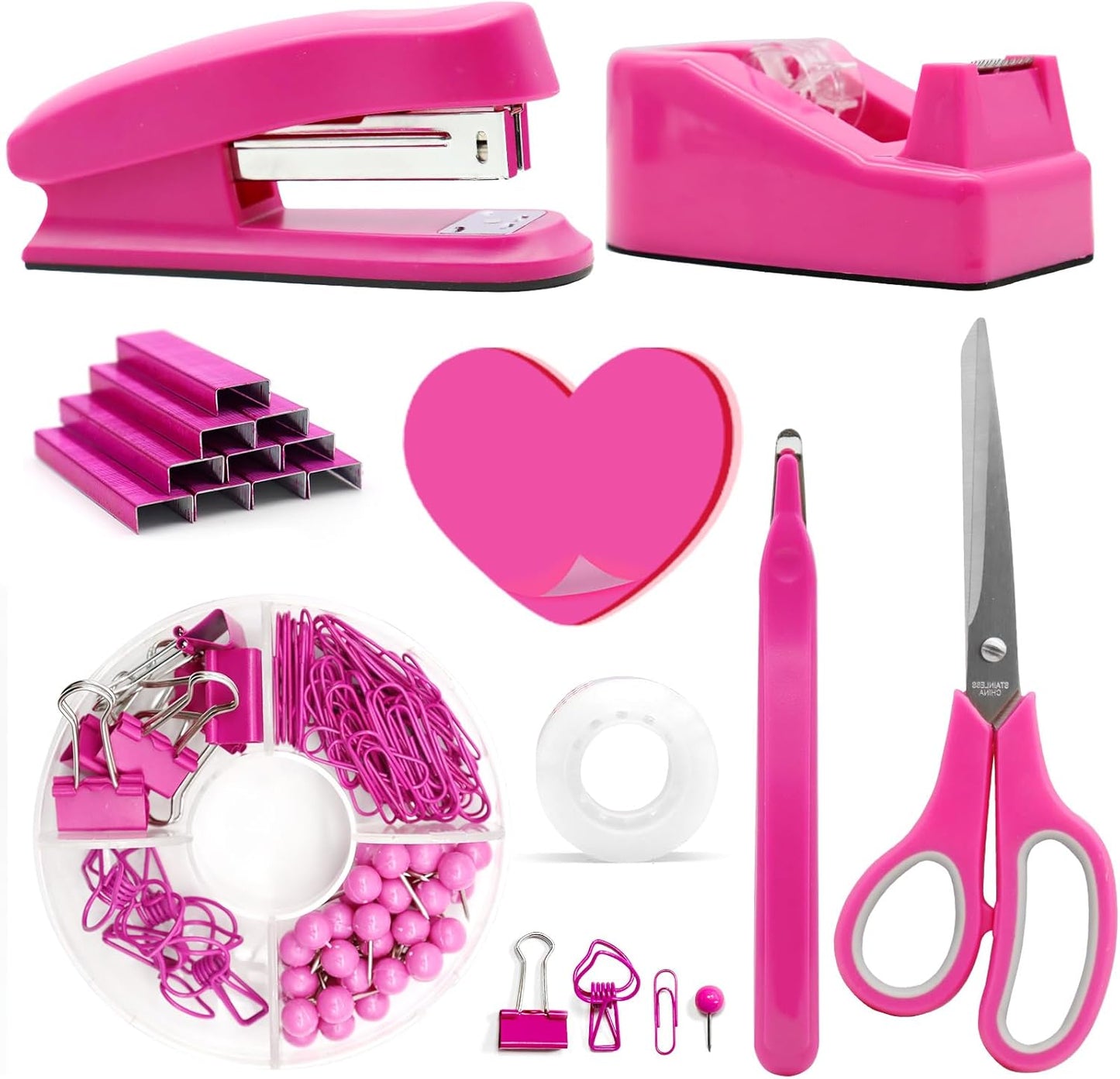 White Office Supplies, UPIHO White Desk Accessories, Stapler and Tape Dispenser Set for Women with Stapler,Tape Dispenser, Staple Remover, Staples,Scissor and Tabs for Students Office Clerks