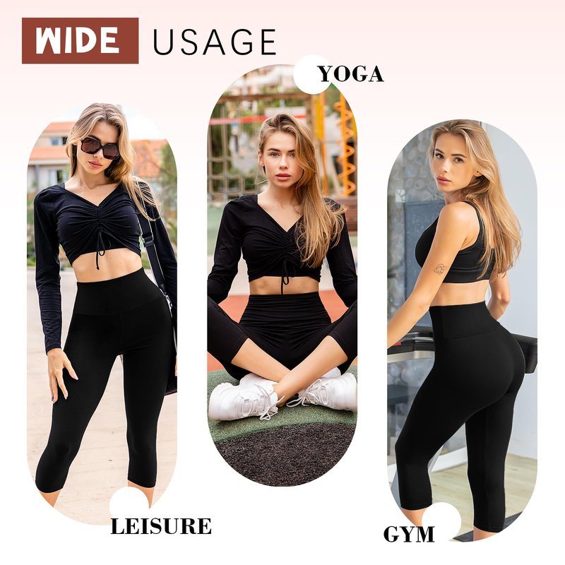 SINOPHANT Capri Leggings for Women - 2 Packs Buttery Soft Yoga Pants for Gym Athletic Black Grey LXL