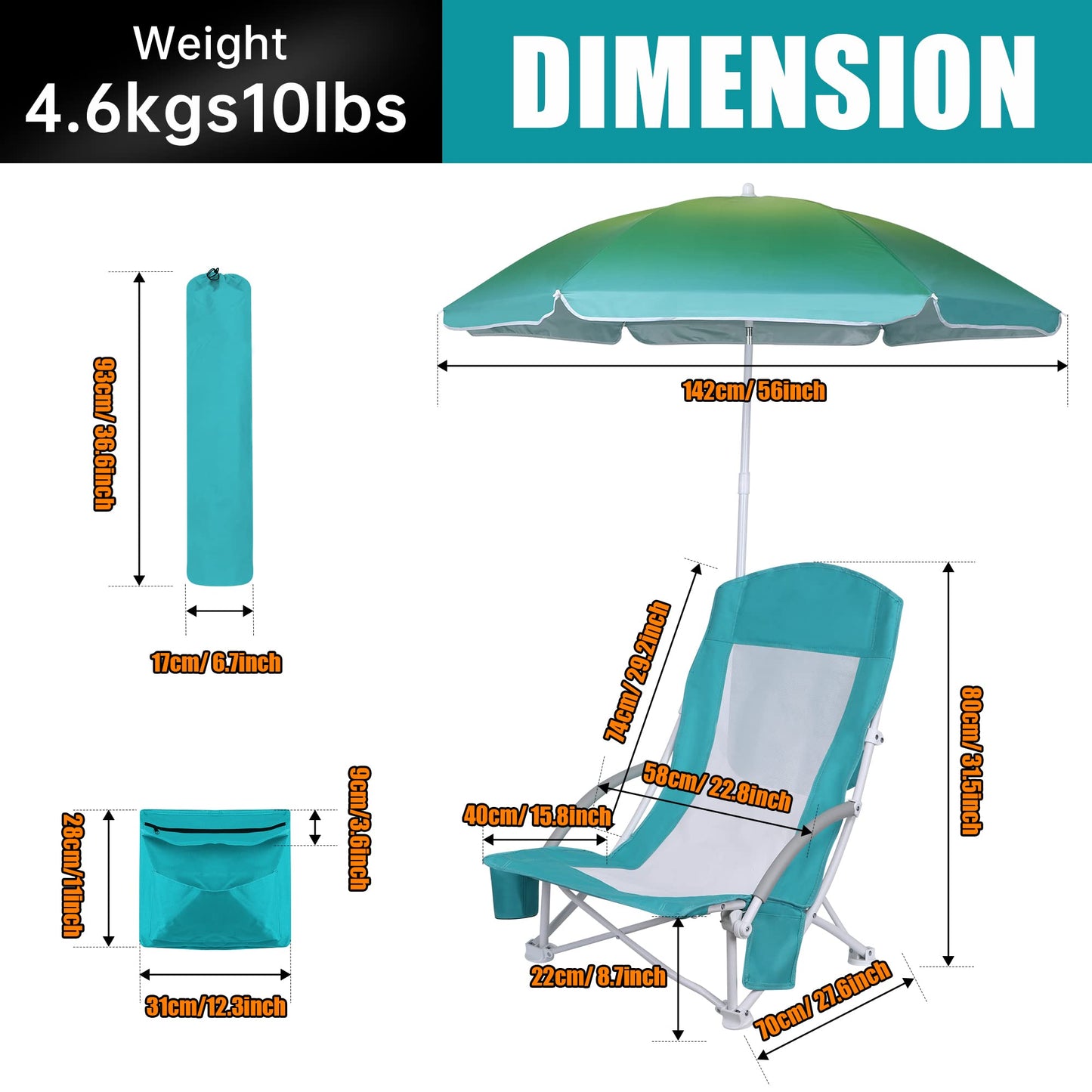 WGOS Beach Chair Beach Folding Chair for Adults Camping Chair High Back with Umbrella and Cooler Bag, Huge Shade, Portable & Lightweight for Beach, Outdoor, Camping (2, Bright Blue w/Hint Green)