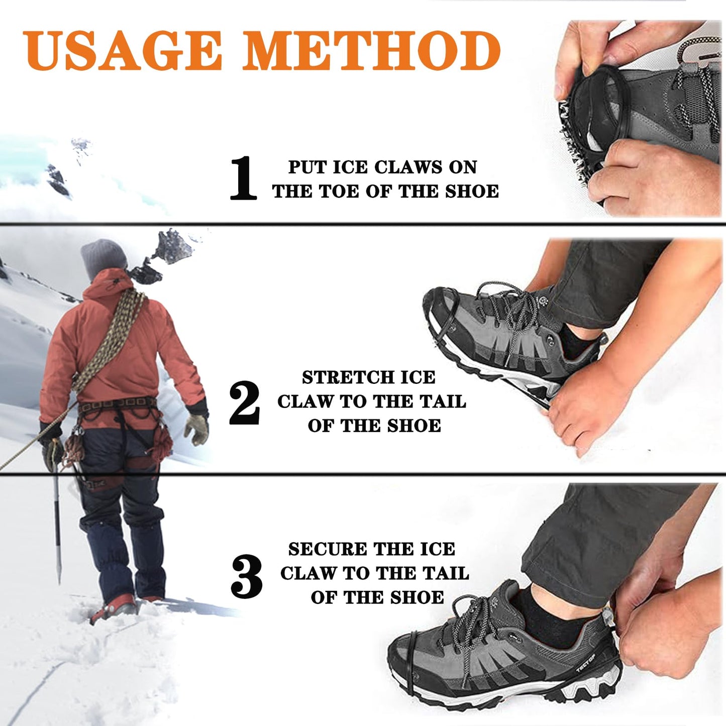 2 Pairs Ice Cleats for Shoes and Boots,Universal 8 Steel Studs Crampon Ice & Snow Grippers for Winter Hiking Climbing Ice Fishing,Anti-Slip Traction Cleats Shoe Spike for Walking or Running (Size L)