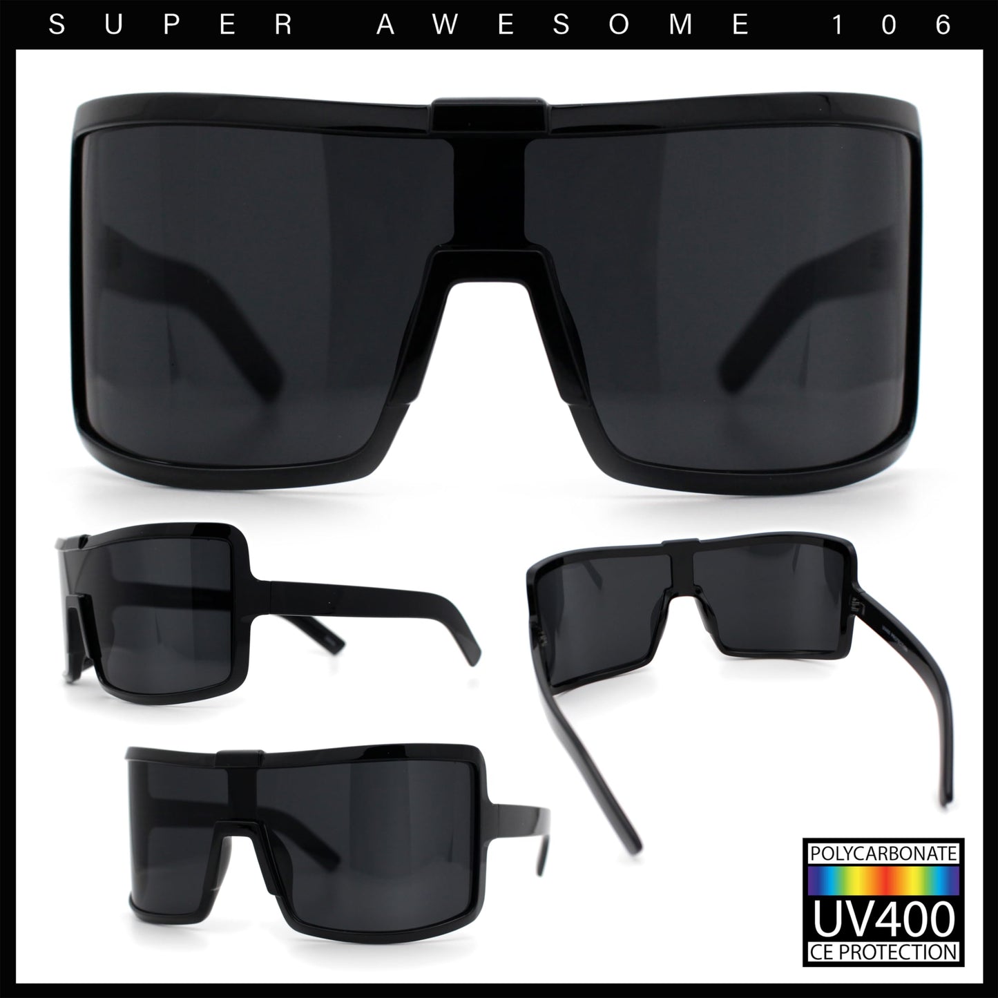Fancy Large Oversized Curved Panel Monoblock Shield Sport Plastic Sunglasses All Black