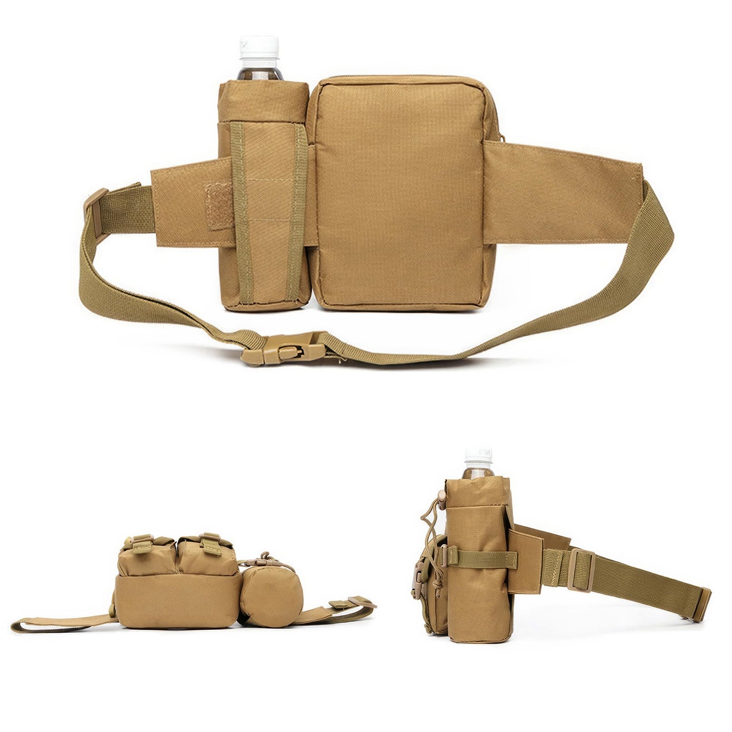 Piscorush Tactical Waist Pack with Water Bottle Holder Versatile and Waterproof Military Fanny Pack Utility Belt for Outdoor Hiking Camping Fishing (Khaki)