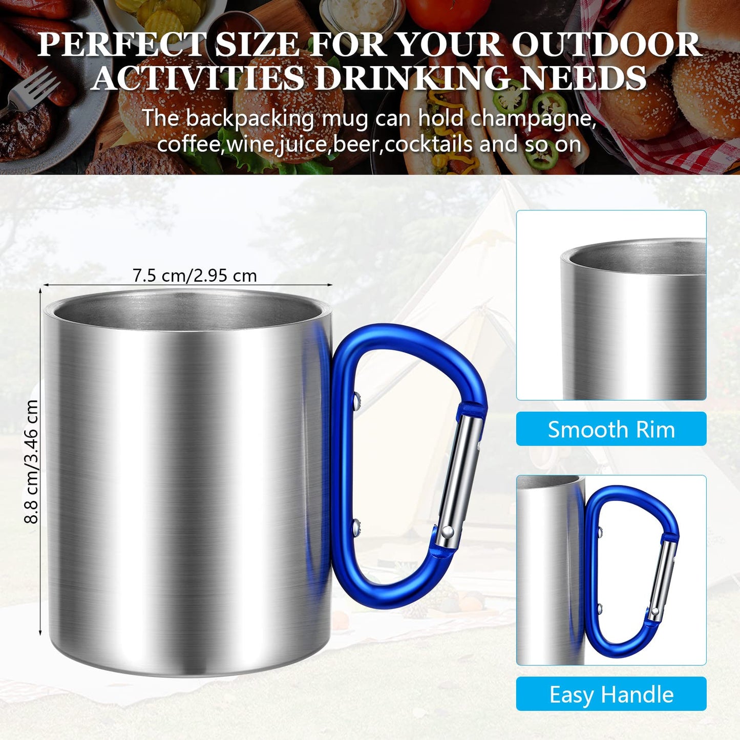 Nuanchu 12 Pcs Insulated Stainless Steel Camping Cup 10 oz Portable Camping Coffee Mug with D Ring Handle Hiking Mug for Home Tea Hot Cold Drinks Outdoor Sports Travel Backpacking Kitchen, 3 Styles