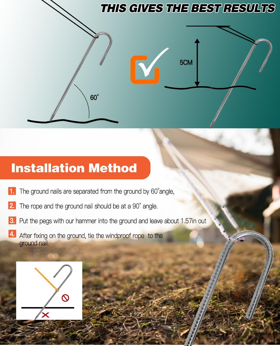 12 Inch Rebar Stakes, 8 Pack Ground Stakes J Hook Tent Stakes Heavy Duty Galvanized Anti-Rust for Camping, Garden Decorations, Drip Tubing, Artificial Turf