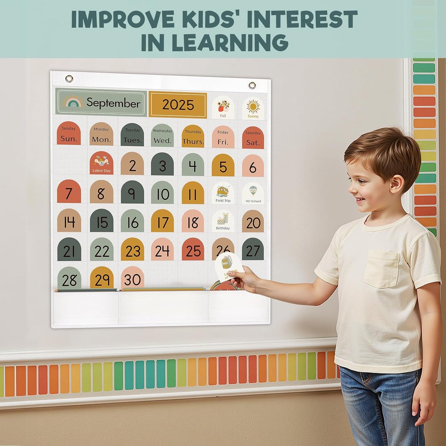 Classroom Monthly Calendar Pocket Chart for Kids Learning, 105 Cards Wall Boho Calendar and Weather, Teacher Supplies for Kindergarten Preschool Elementary Homeschool