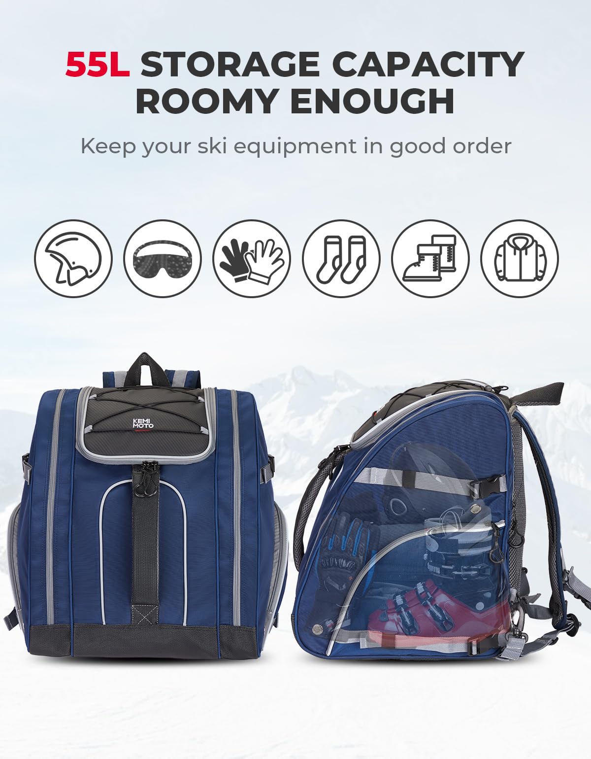 KEMIMOTO Ski Boot Bag, 55L Waterproof and Snowproof Skiing and Snowboarding Travel Luggage, Excellent for Store Ski Boots, Skiing, Snowboarding, Jacket, Helmet, Goggles, Gloves & Accessories-Blue