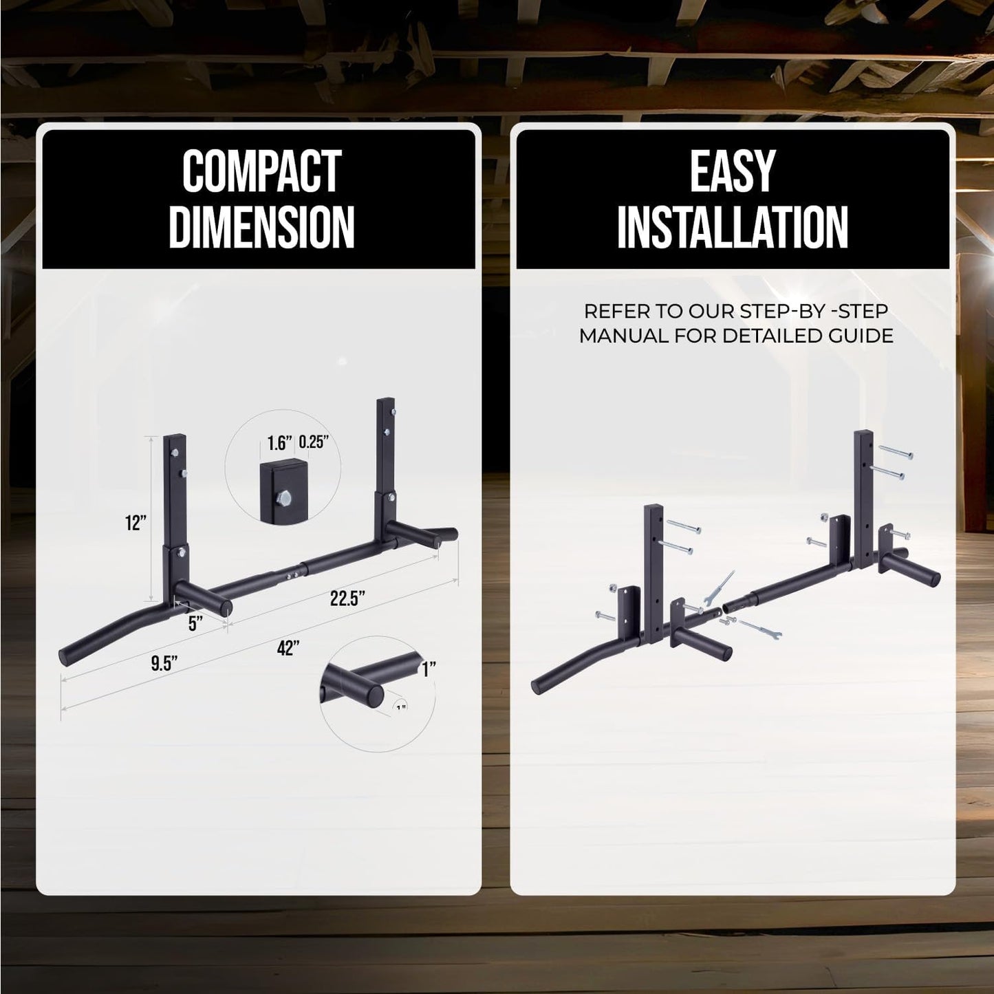 Joist Mount Pull Up Bar, Ceiling Mounted Chin Up Bar for Home Gym, Crossfit, Beam, Rafter - Heavy Duty, Multi Grip, 42" Wide, Maximum Head Clearance - TU038