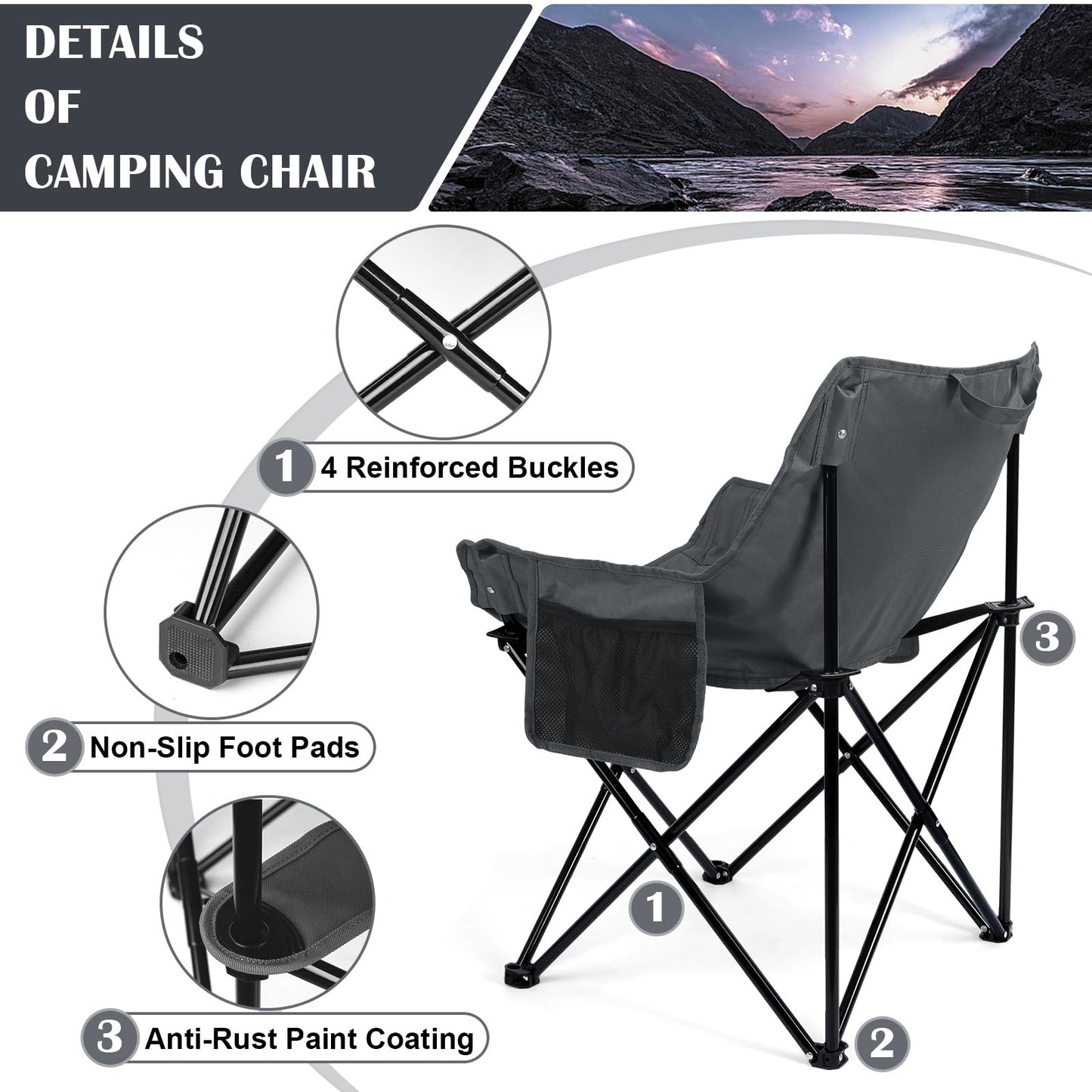 Leonyo Camping Chair, Oversized Folding Camping Chair, Heavy Duty Portable Moon Chair with Carry Bags, Outdoor & Lawn Chairs for Outside Camping, Fishing, Travel, Beach and Sports (Grey)