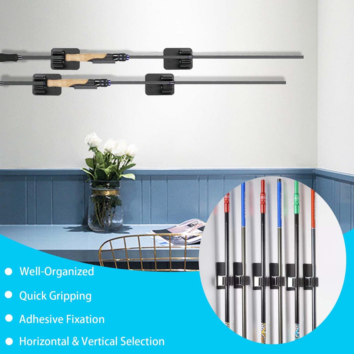 PAPAZOO 4 Pack Fishing Rod Holders, Self-adhesive Wall Mounted Fishing Rods Rack, Fishing Pole/Nets Holders Storage Organizer for Garage, Tool room, Black