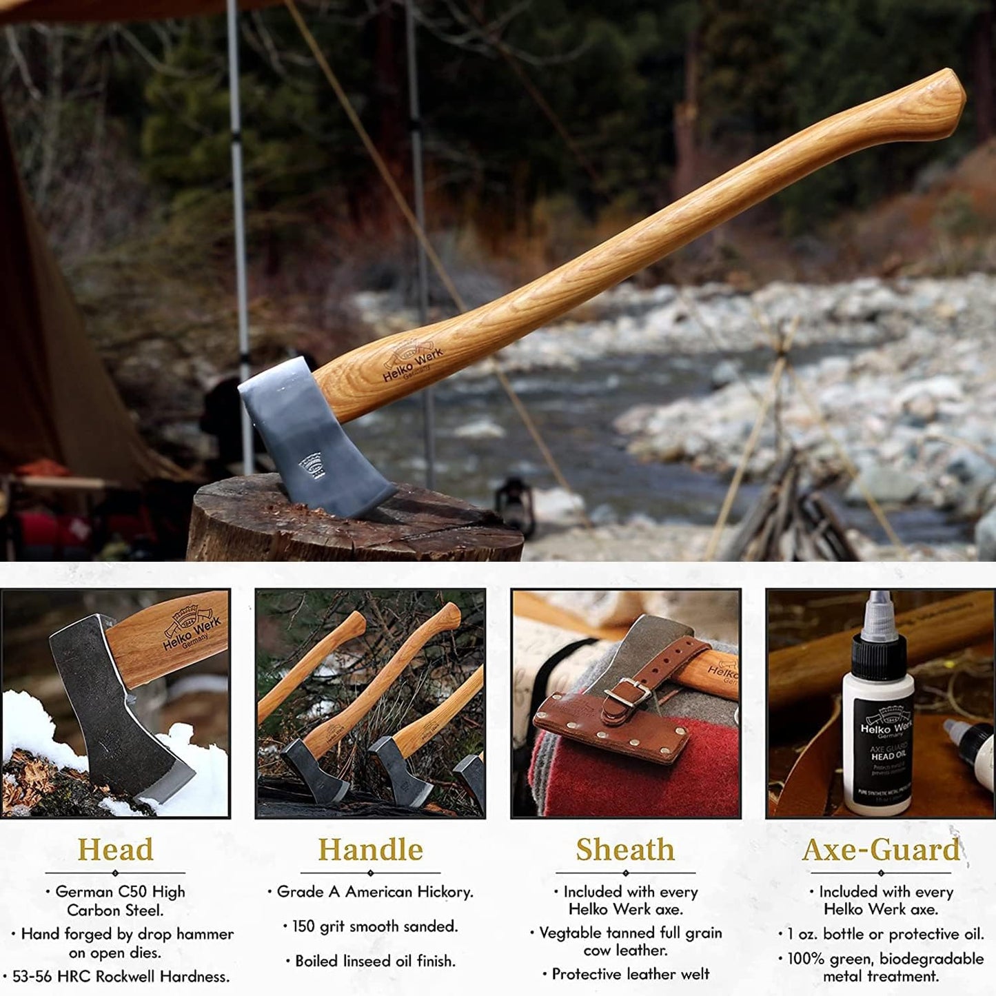 1844 Helko Werk Germany Classic Journeyman Pack Axe - Made in Germany Lightweight and Compact Backpacking Axe and Bushcraft Axe for Camping - Head 1.5 lbs, Handle 20 in. (Journeyman) #11441
