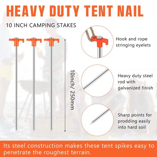 Shimeyao 10" Tent Stakes Camping Heavy Duty Stakes Bulk Metal Ground Pegs Camping Spikes Galvanized for Outdoor Pitching Canopy(Orange,200 Pcs)