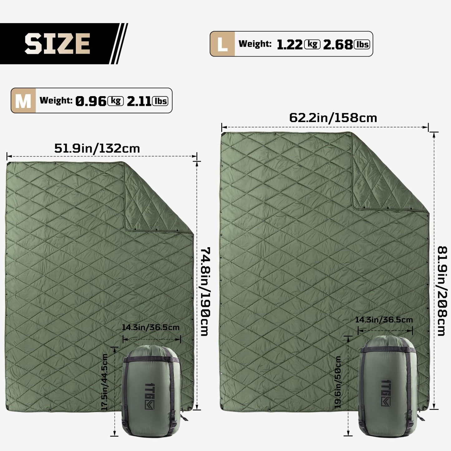 1TG Tactical Camping Blanket - Packable, Ultra Warm and Lightweight with Snap Button Backpacking Quilt Water-Resistant, for Sleeping, Outdoors, Travel - Large/Olive Green