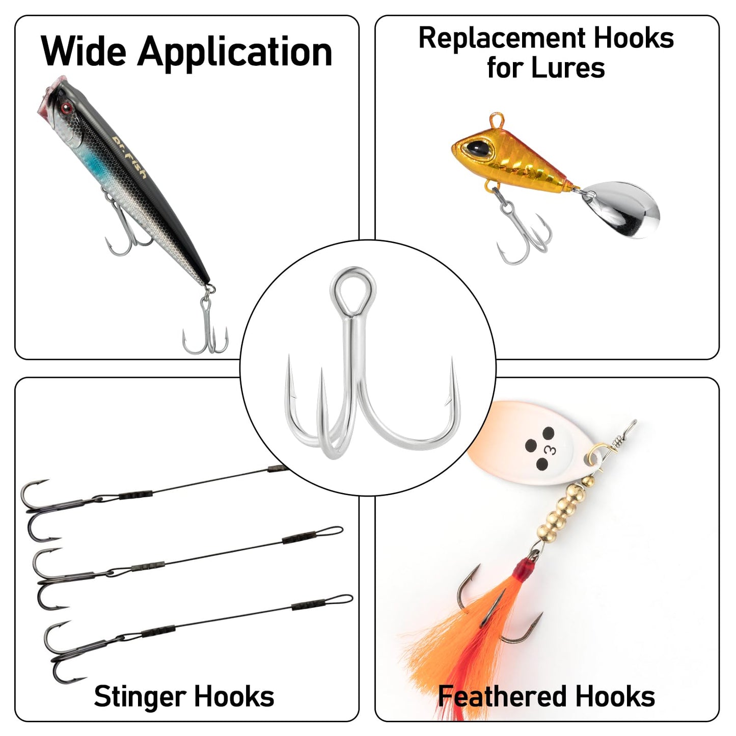 Dr.Fish 30 Pack 4X O'Shaughnessy Treble Hooks in-line Triple Hooks Saltwater & Frshwater Replacement Catfish Bass Striper #4