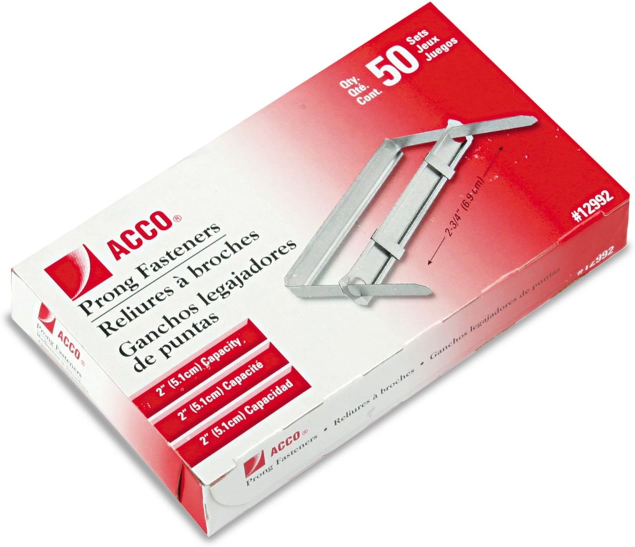 Acco 12992 Two-Piece Prong Fasteners, 2-Inch Capacity, 2-3/4-Inch Center, 50/Box