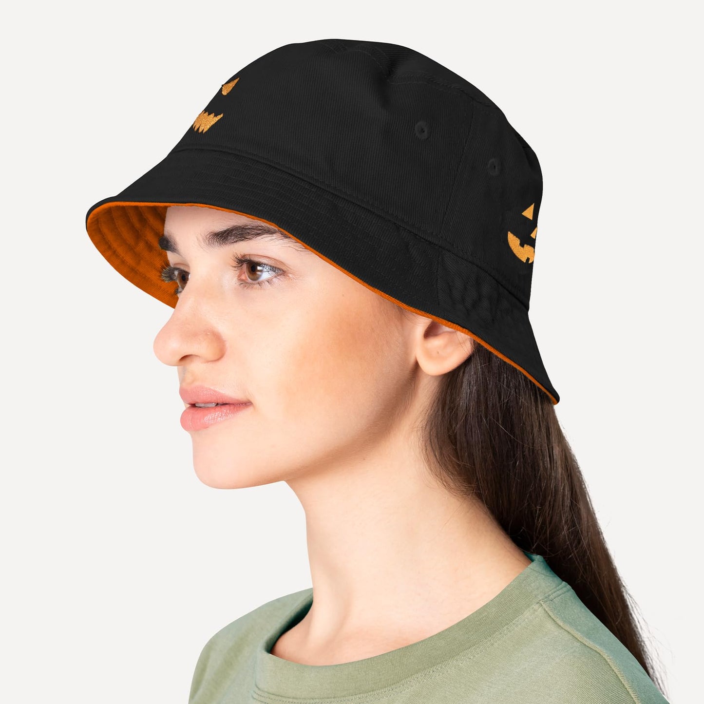 Halloween Pumpkin Bucket Hat for Women and Men- Reversible Sun hat with Jack O' Lantern Face on Front & Back (Orange Black)