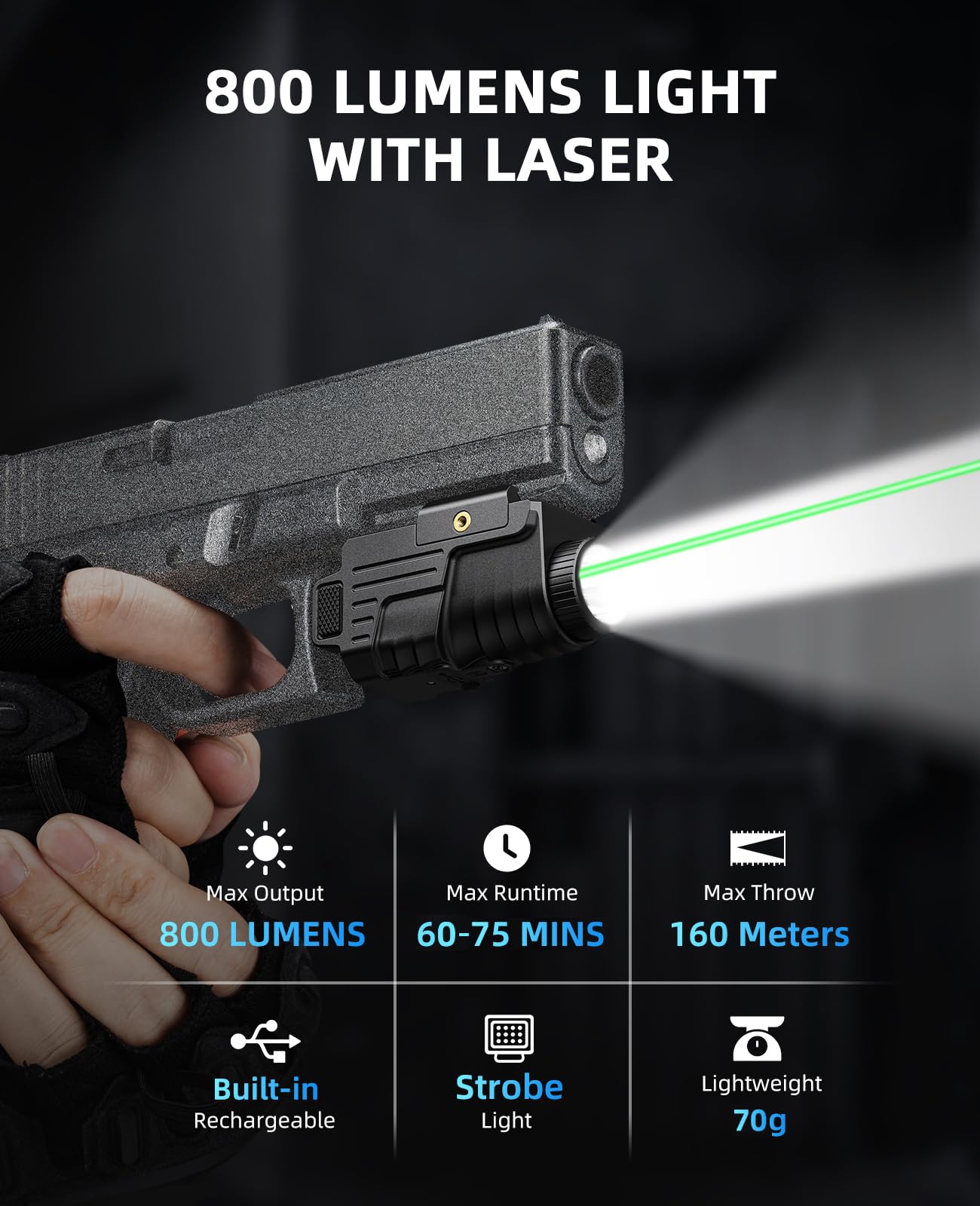 EZshoot 800 Lumens Pistol Light Laser Combo Rechargeable, Pistol Flashlight with Slidable Rail Compatible with Glock and Picatinny Rail, Tactical Flashlight with Green Laser Beam