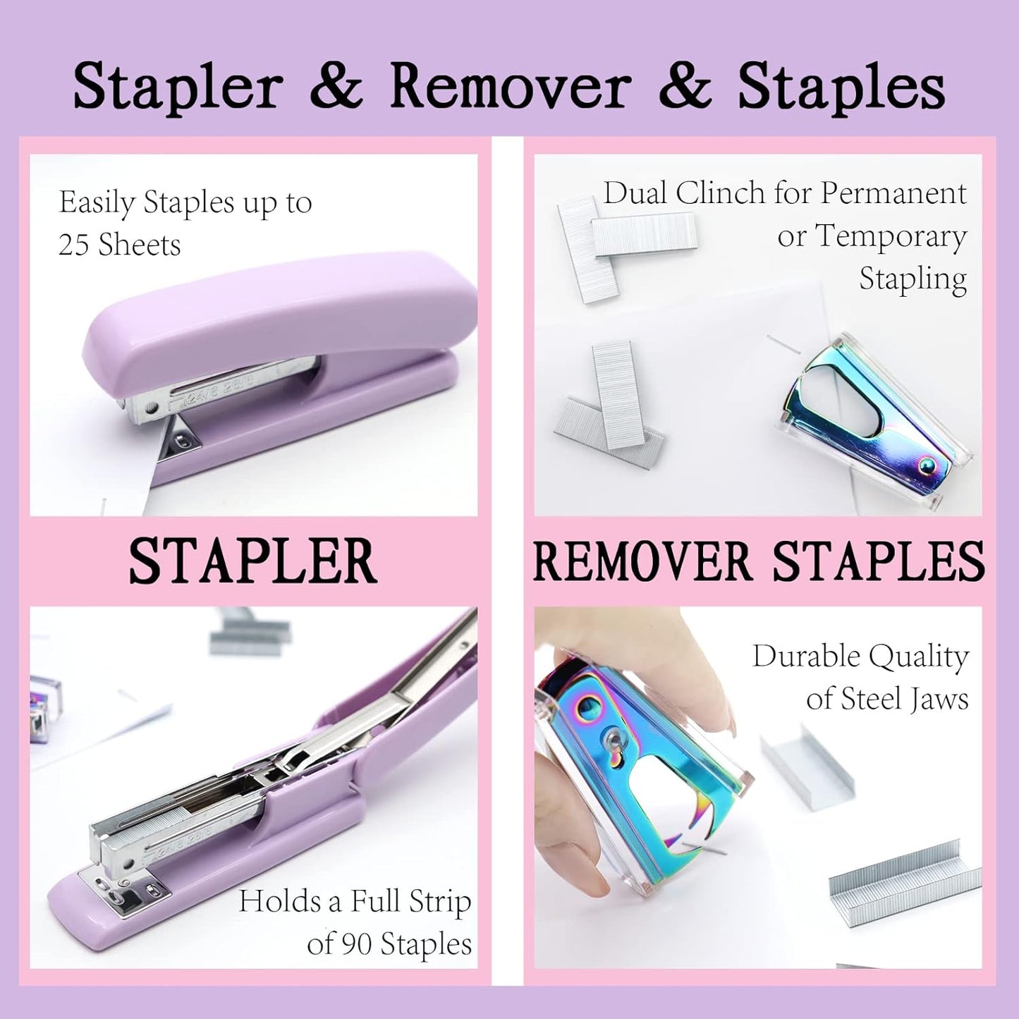White Office Supplies, UPIHO White Desk Accessories, Stapler and Tape Dispenser Set for Women with Stapler,Tape Dispenser, Staple Remover, Staples,Scissor and Tabs for Students Office Clerks