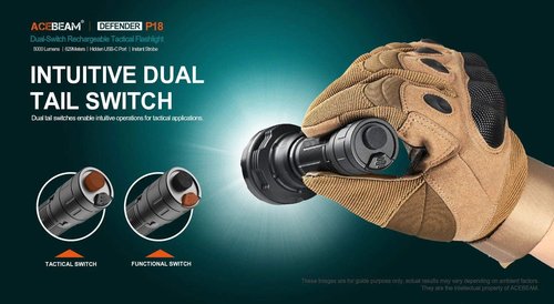 ACEBEAM Defender P18 Dual Switch Rechargeable Flashlight -5000 Lumens w/ Eco-Sensa USB C Charging Cable