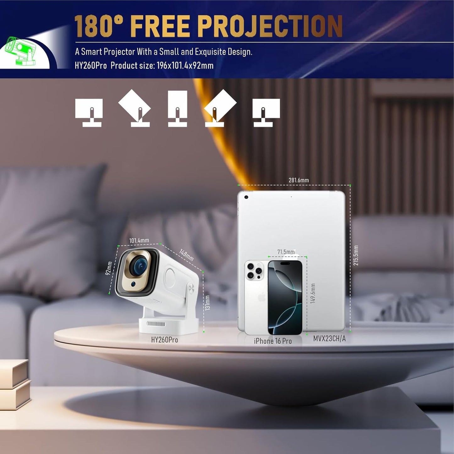 Mini Projector with WiFi and Bluetooth, Support 4K 1080P, 150 ANSI Portable Projector, Auto Keystone Correction, 40"-130" Screen Video Projector, Compatible with Smartphone,TV Stick,Laptop (HY300)