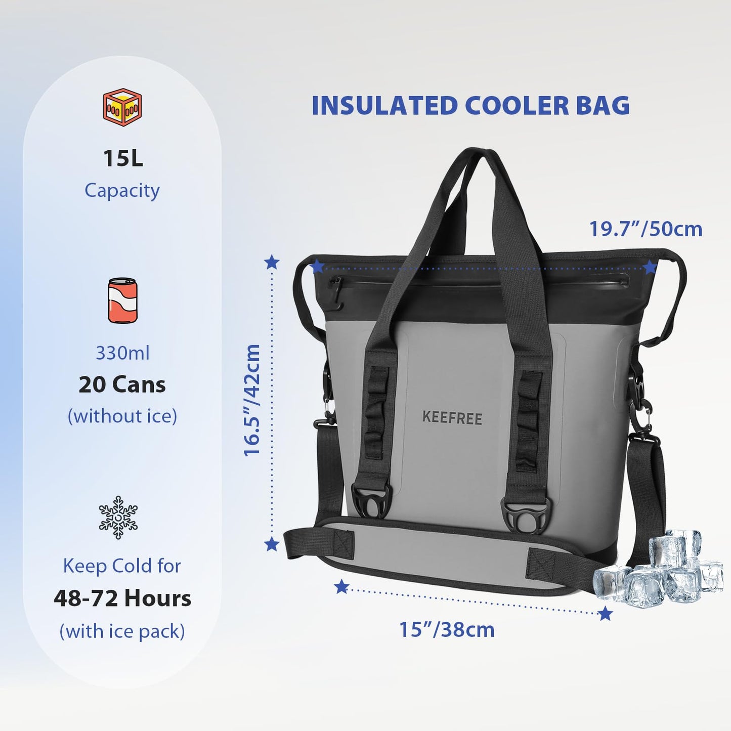KEEFREE Tote Cooler 20 Can Insulated Soft Cooler Bag Waterproof Handbag Shoulder Bag for Lunch Drink Beverage Picnic BBQ Beach Hiking Fishing Camping Travel (Grey)