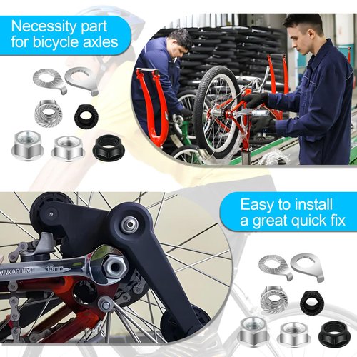 Syocsek 24PCS Bike Nuts and Safety Washers, M8 M9.5 M10 Bicycle Axle Nuts Kit, 3 Sizes Bike Wheel Nuts Washers Black Silver, Bike Hub Nuts for Front Rear Wheel of City Road Mountain Bike (Upgraded)