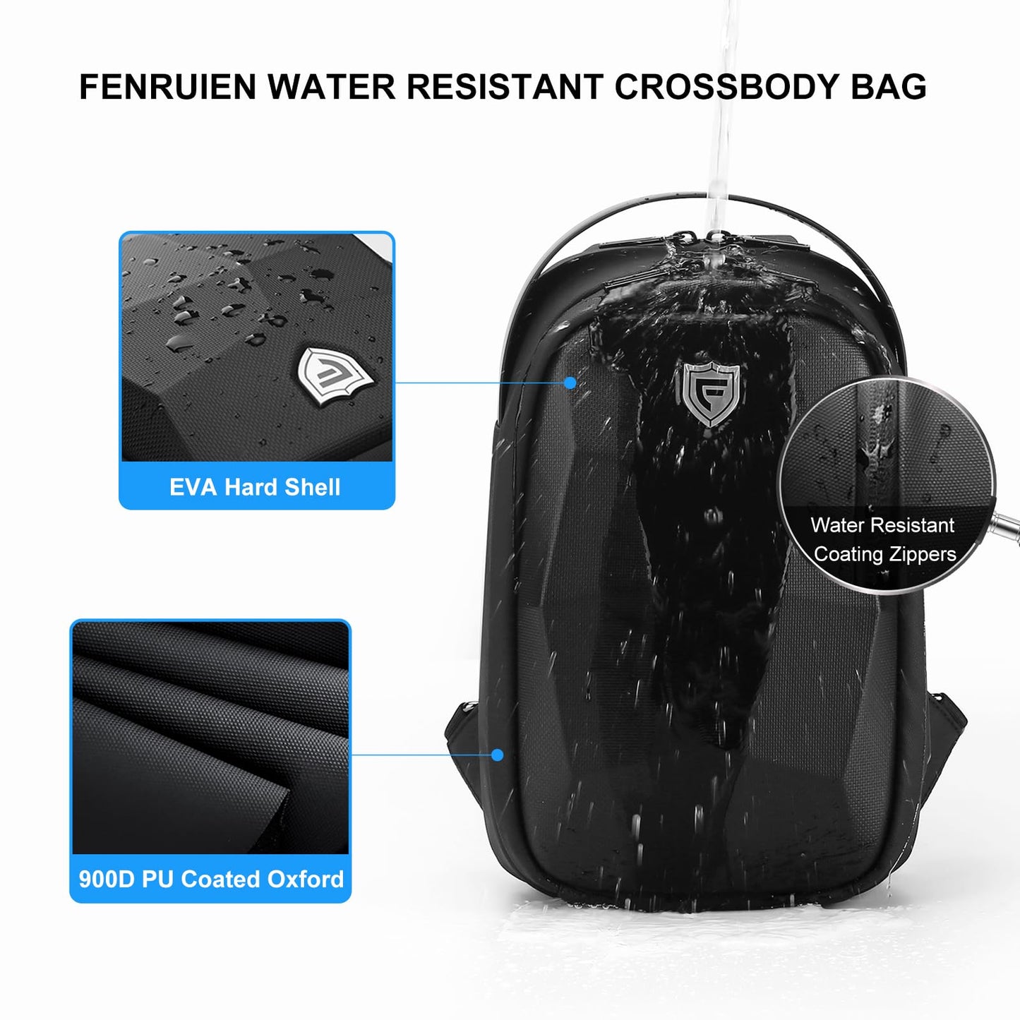 FENRUIEN Hard Shell Sling Bag for Men, Water Resistant Crossbody Backpack with USB Port, Black Chest Bag for Travel/Daily