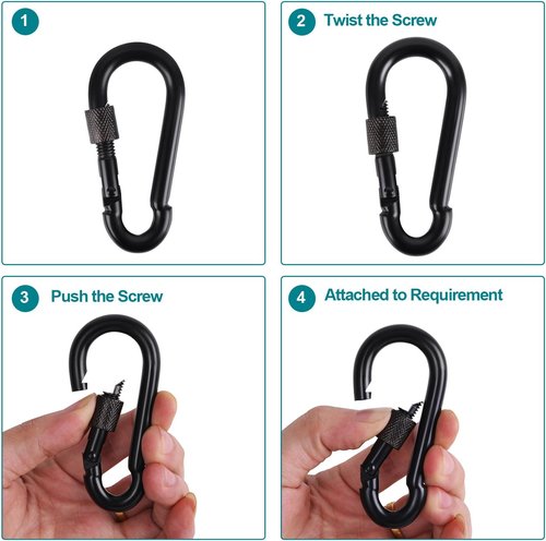 BEWISHOME 4 Pack Carabiner Hooks Hammock Locking Solid Metal D Clips with Heavy Duty 500LBS Screw Gate Hammock Locking,Quick Link for Outdoor Camping Hiking Traveling Backpacking Black & Silver HDK02