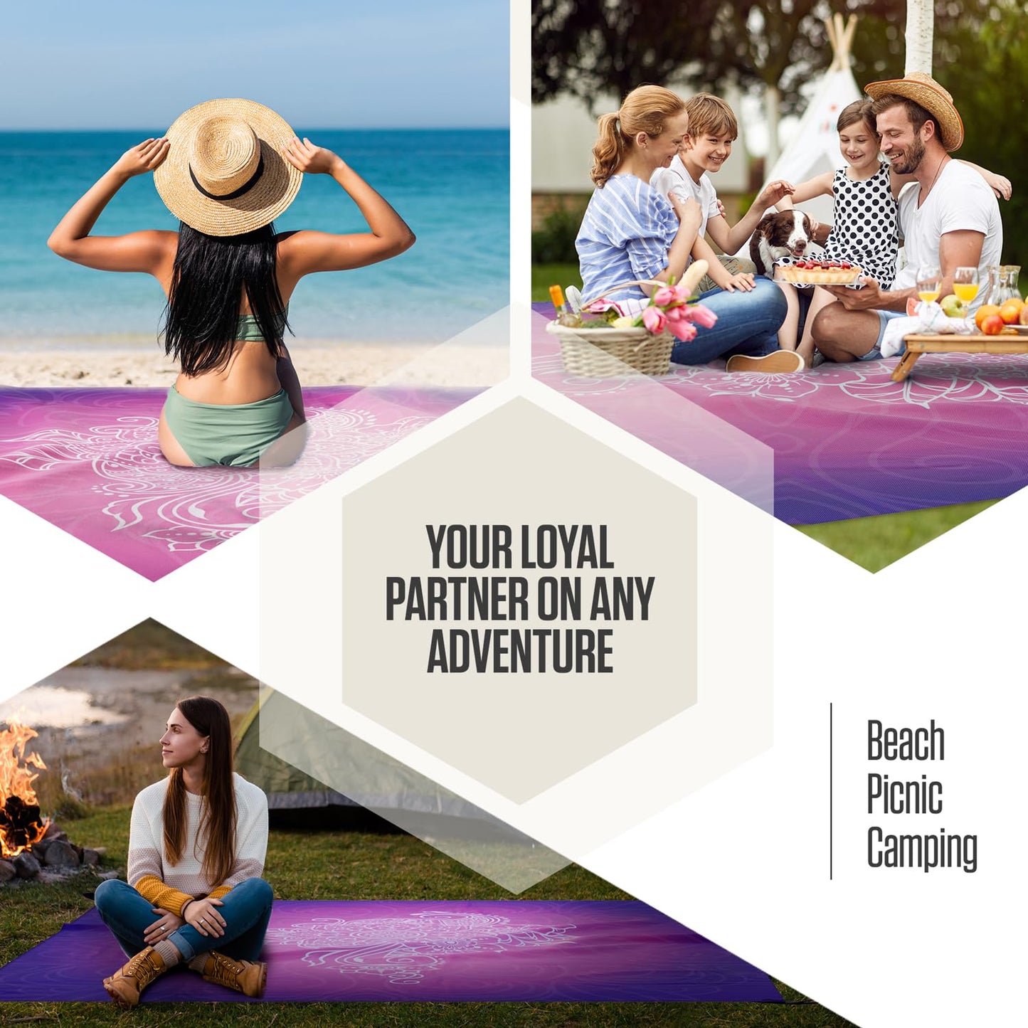 VENTURE 4TH Family-Size Beach Blanket: Sandproof, Waterproof, Lightweight & Compact. Includes Stakes and Carry Bag. 7x8 feet XL Purple Mandala