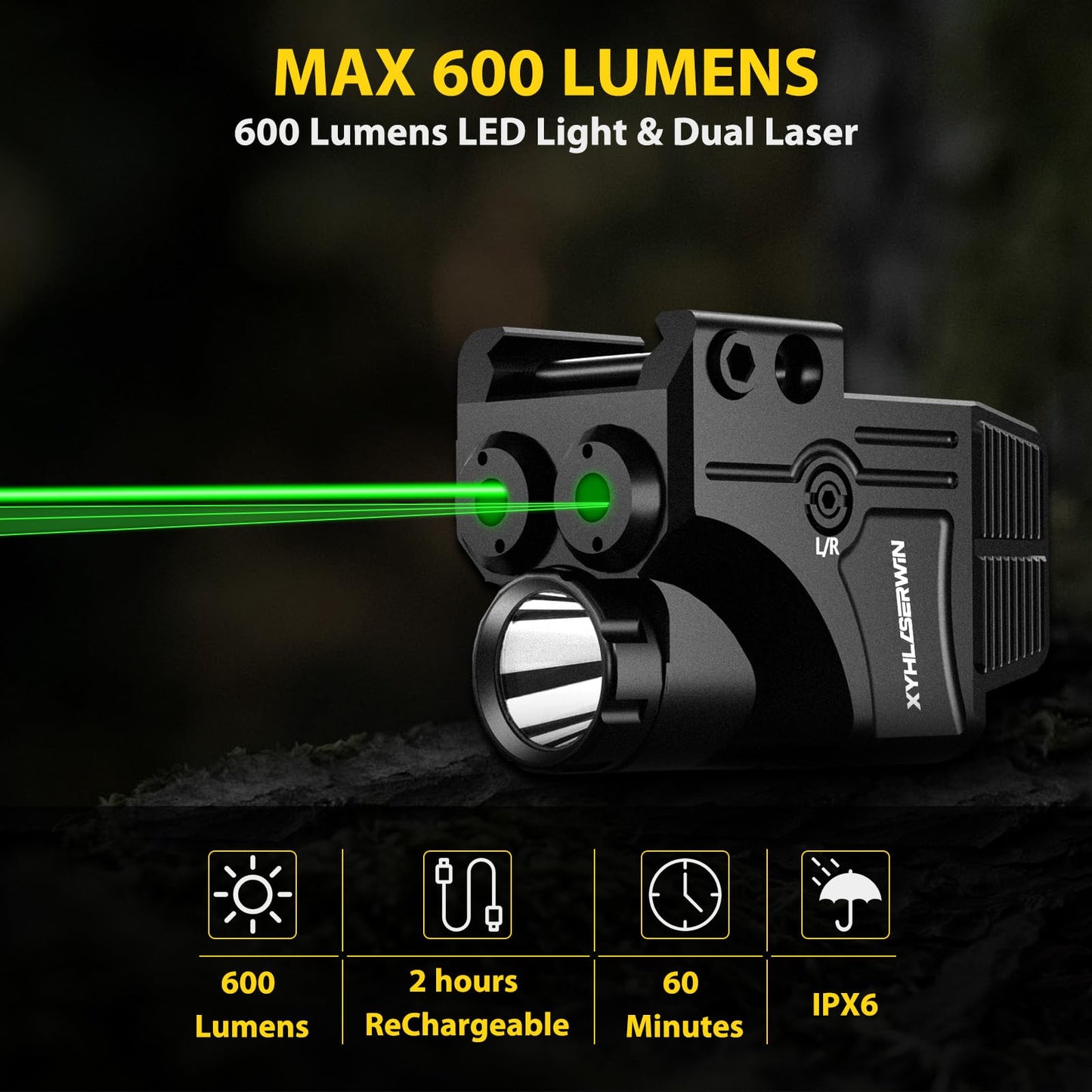 600/200 Lumens Adjustable Tactical Flashlight with Green Dot/Green Circle Laser Sight Combo, Pistol Laser Light with Strobe/Constant Light Modes,USBC Rechargeable,Fits Standard Picatinny & Glock Rails