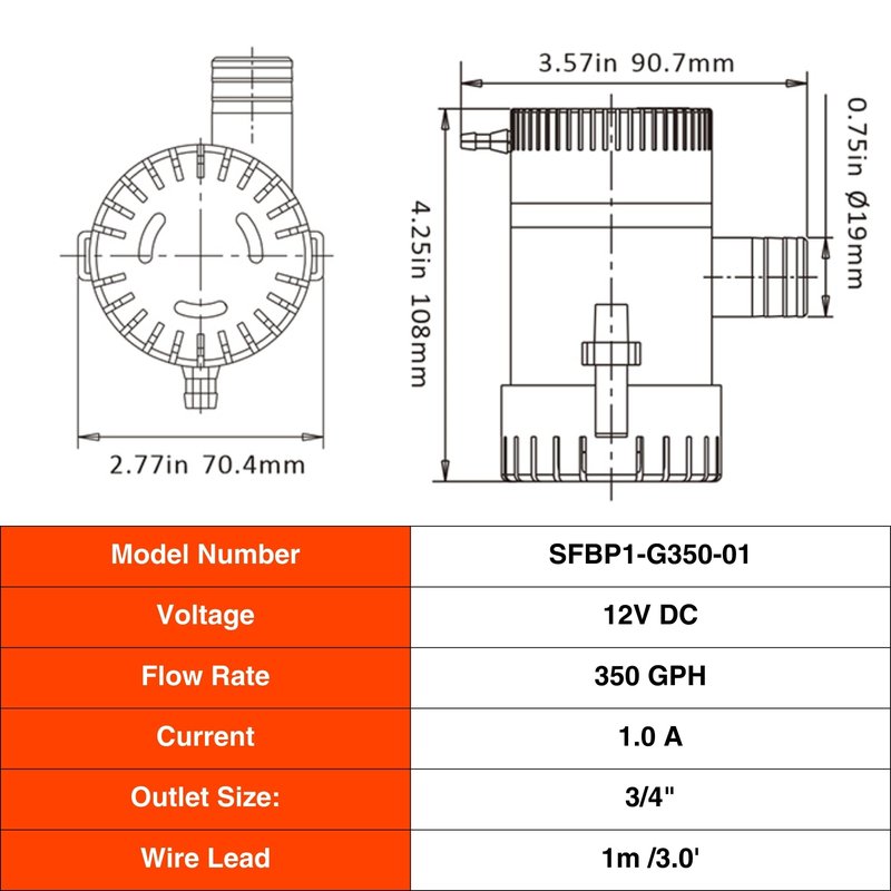 SEAFLO 01 Series 350 GPH Bilge Pump – 12V, 3/4" Outlet, Marine Submersible Pump with Anti-Airlock Protection, CE & Rohs Certified, 4-Year Warranty | Reliable for Boats and Marine Applications