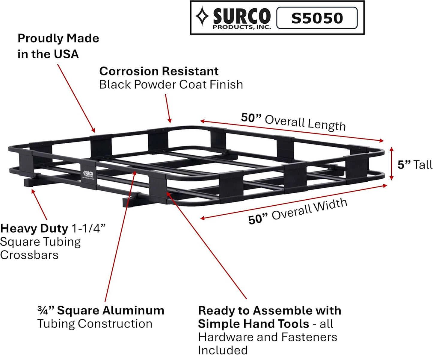 Surco S5050 Safari Roof Basket and Cargo Bars - Lightweight Aluminum Basket with Black Powder Coat Finish Measures 50" Wide x 50" Long x 5" Tall; Simple Assembly Required