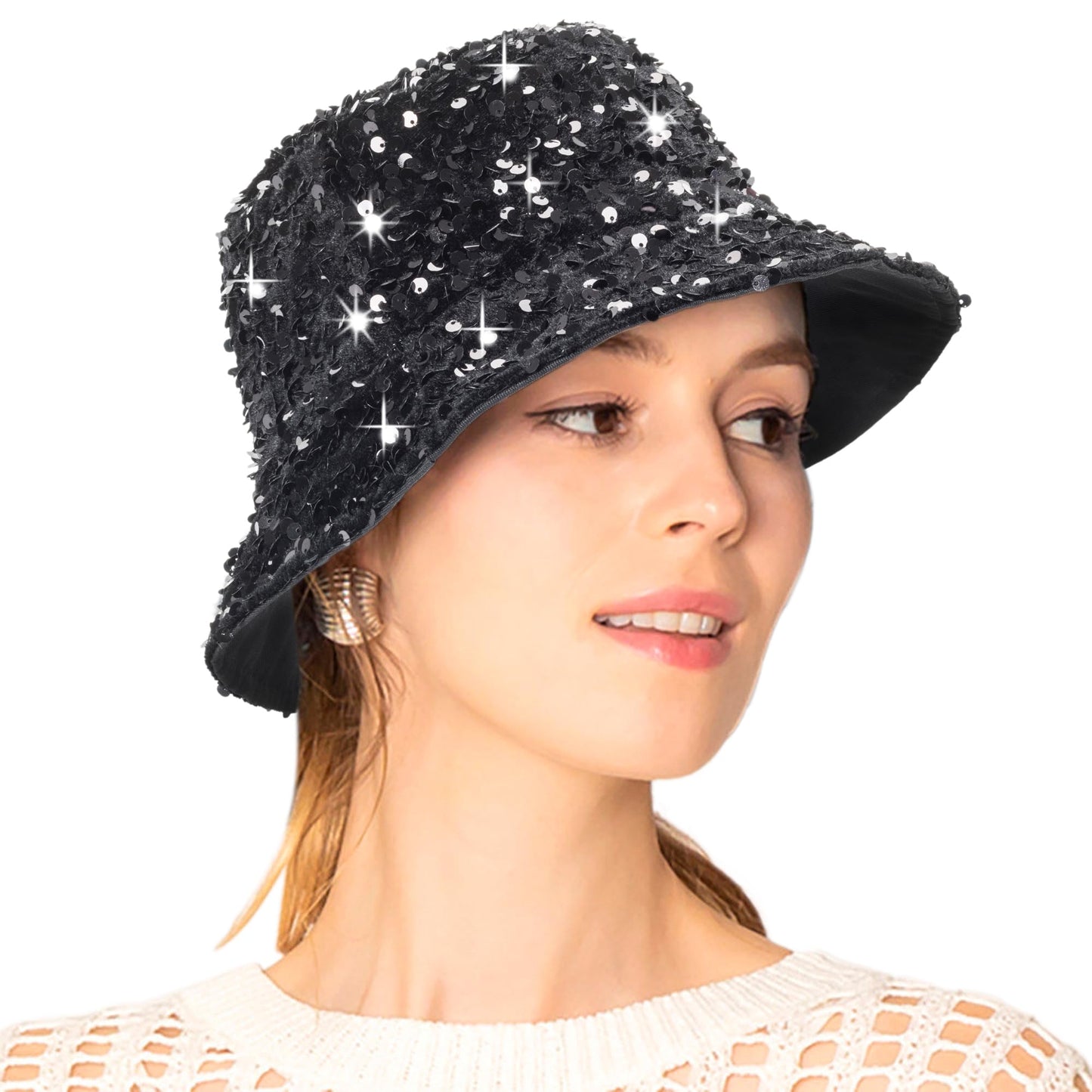 Womens Sequin Bucket Hat Beach Sun Hats for Party, Girls Teens Shiny Glitter Sequin Sun Cap for Travel Black
