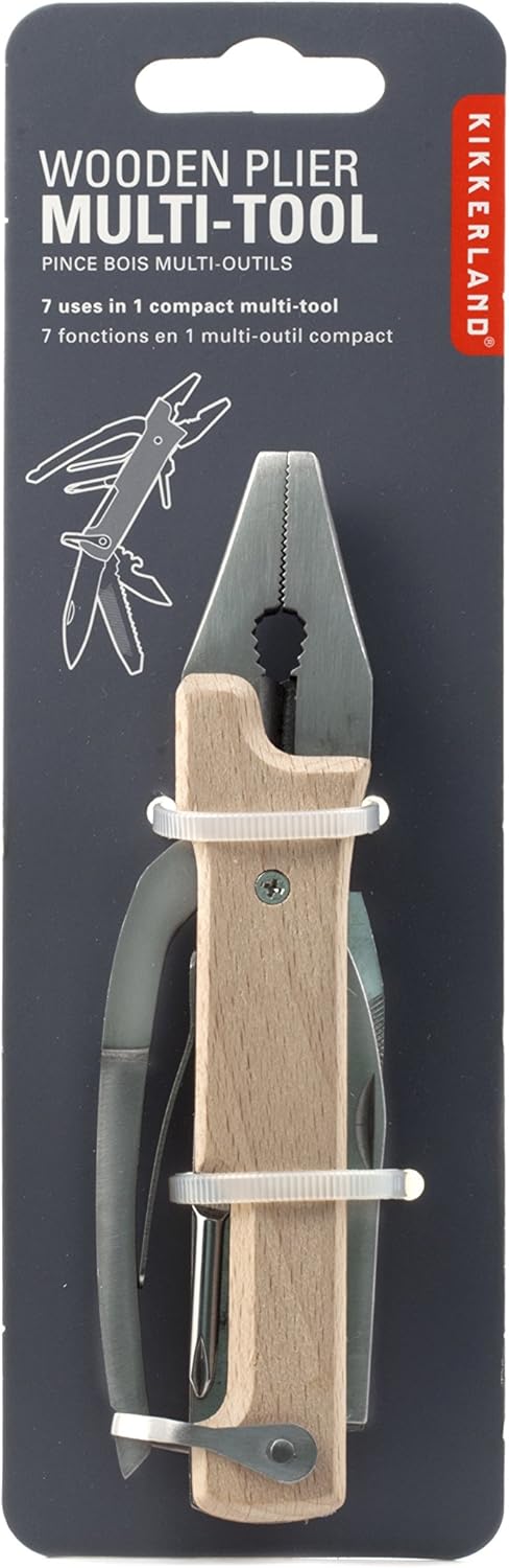 Kikkerland 10 in 1 Pocket Compact EDC Gear Equipment Stainless Steel Multi-Tool, White, Wood Handle, for Outdoors, Camping Tool Accessories Survival