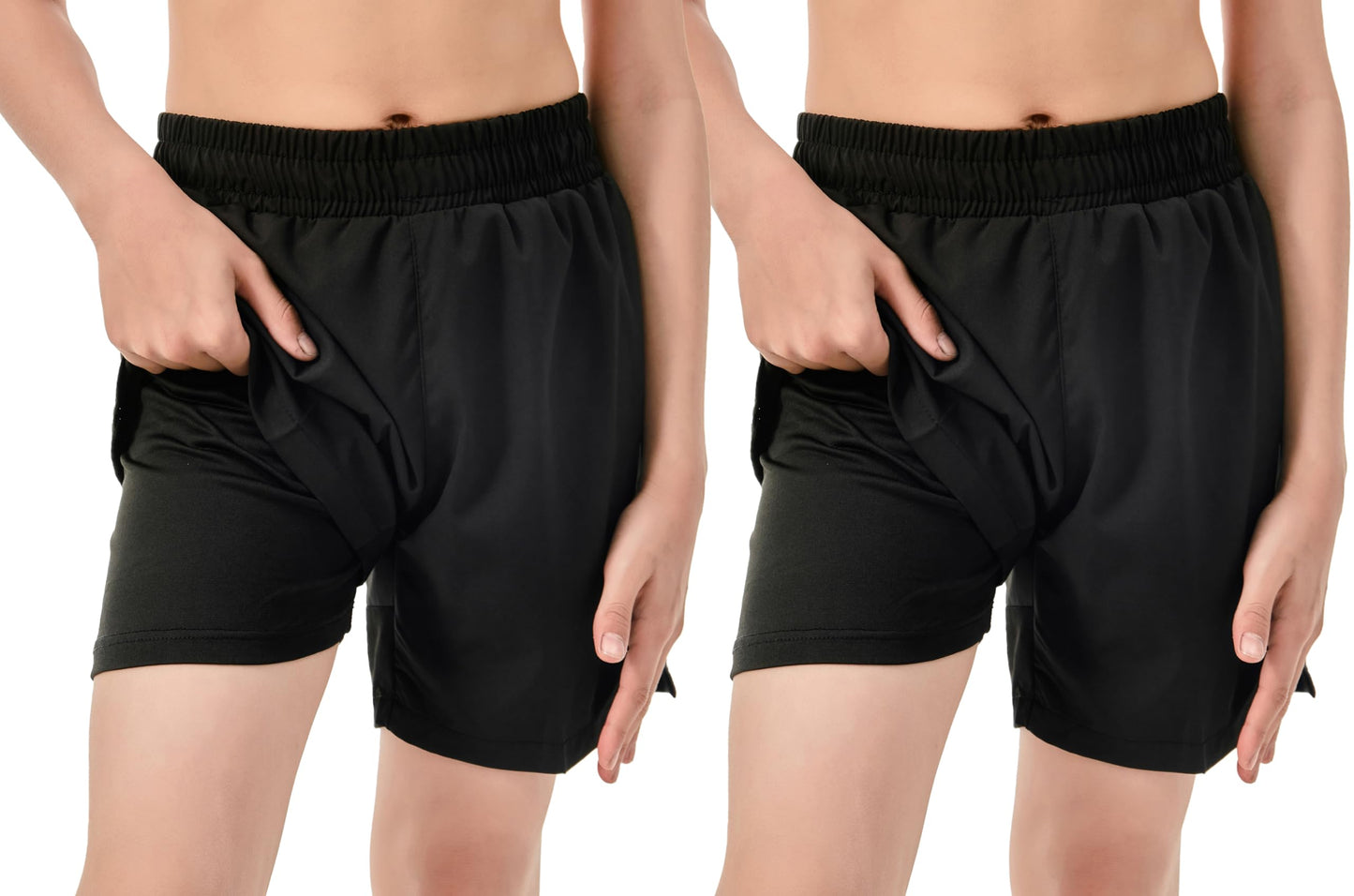 IRELIA 2 Pack Boys Box Brief Liner Compression Zipper Pocket Shorts Kids Quick Dry Sports Shorts Reflective Strip BB 10-12 Black/Black