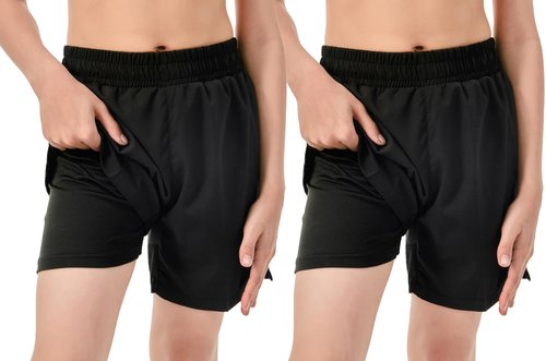 IRELIA 2 Pack Boys Box Brief Liner Compression Zipper Pocket Shorts Kids Quick Dry Sports Shorts Reflective Strip BB 10-12 Black/Black