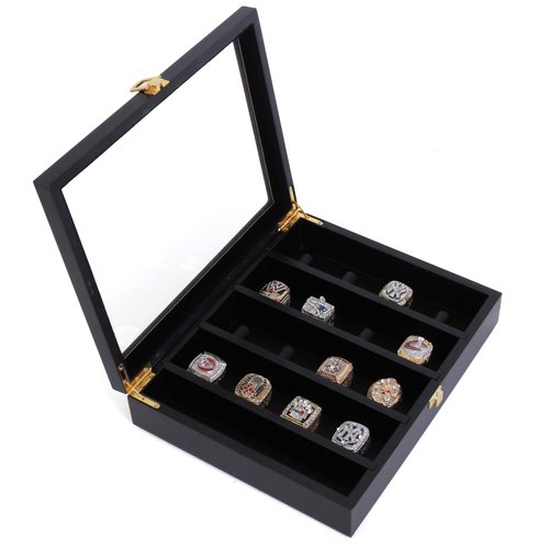 RECHIATO Championship Ring Display Case baseball Ring display Wooden Box Display Case for Sports Rings (12 Holes, Red)