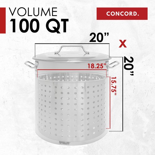 CONCORD Stainless Steel 100 QT Stock Pot w/Steamer Basket + Concord Deluxe Banjo Single Propane Burner, 200,000 BTU Portable Outdoor Stove