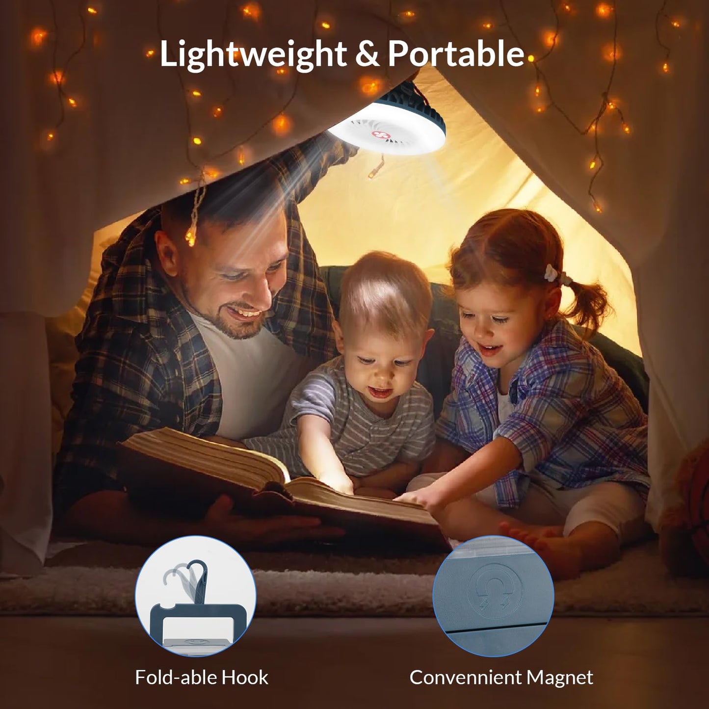 2 Packs Portable Camping Fan with LED Lantern,USB Rechargeable for Phone Waterproof Tent Fan with Hanging Hook Magnet Survival Kits for Indoor Outdoor Hiking Car Office Desk Outdoor Emergency Power