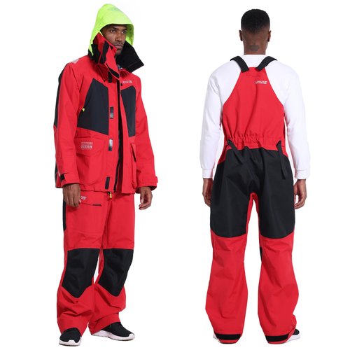 NAVIS MARINE Men's Ocean PRO Sailing Suit-Premium 3-Layer Jacket&Bib Waterproof Breathable for Foul Weather (Red,X-Large)