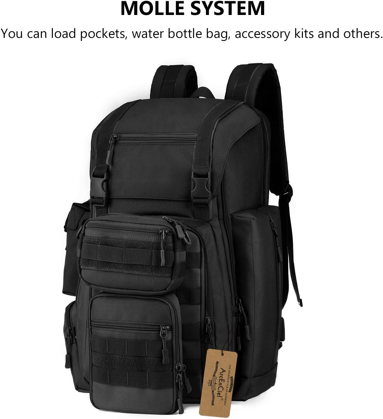 ArcEnCiel 40L Tactical Backpack Military Shoes Bags Daypack Assault Pack Bug Out Bag Molle Rucksack - Rain Cover Included