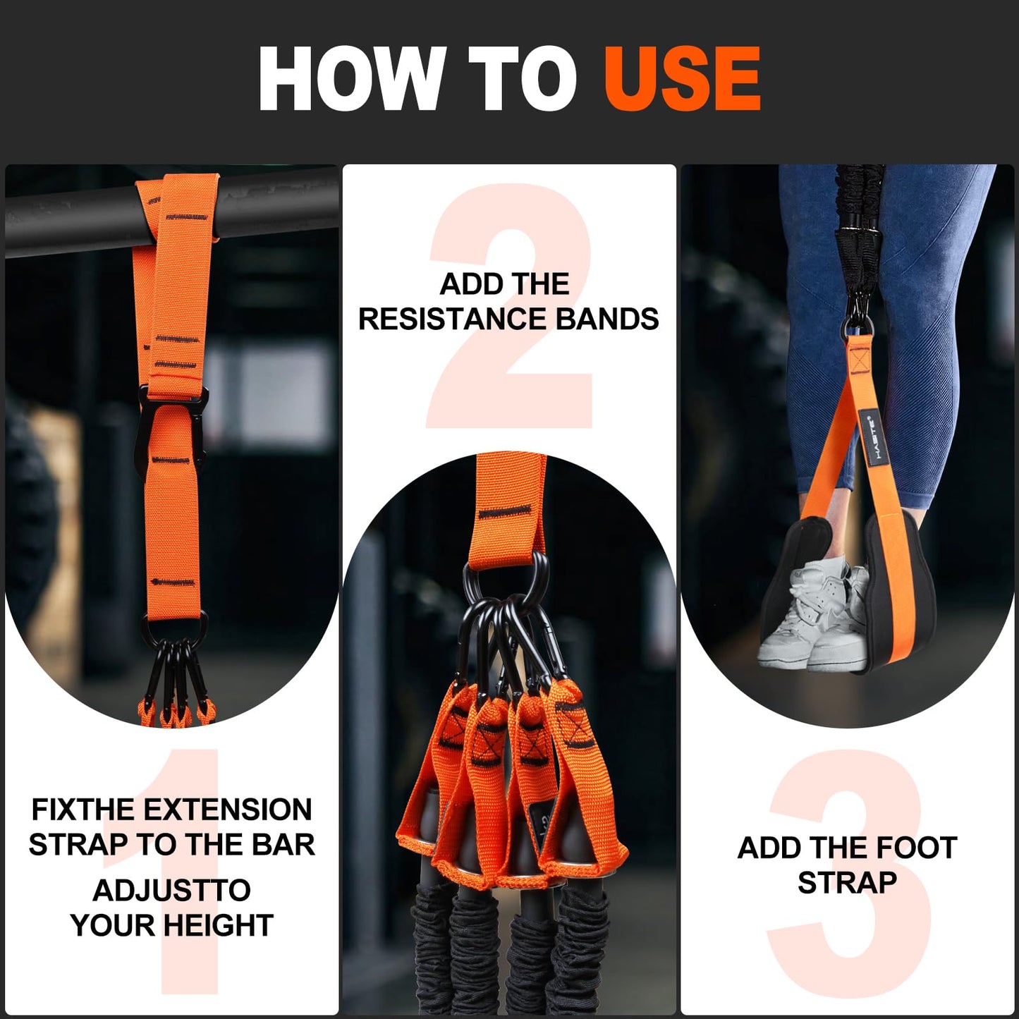 Pull Up Assistance Bands Set - 4 Heavy Duty Resistance Bands 300lbs, Adjustable Weight/Size with Footrest, Home Gym Strength Training (Orange)