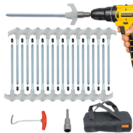 Keovoker 12 Pack Screw in Tent Stakes Heavy Duty-8” Metal Pegs for Ground, Drill in Camping Stake with Hex Head Driver, Spikes Puller, Protector in a Carrying Bag, for Hiking, Hammocks, Glow in Dark