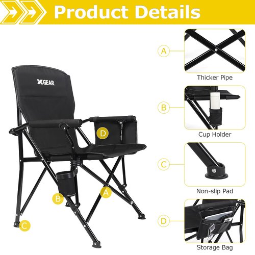 XGEAR 2-Pack Camping Chair with Padded Hard Armrest, Sturdy Folding Camp Chair with Cup Holder, Storage Pockets Carry Bag Included, Support to 400 lbs, Black